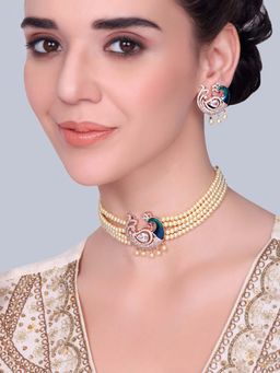 Estele - Rajvika - Morbagh White Pearl Peacock Multi-Strand Necklace with Earrings