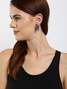 OOMPH - Navy Blue Floral Crystal Fashion Drop Earrings