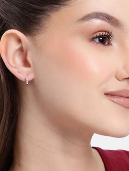 Carlton London - Rhodium Plated Pink CZ Studded Mini Hoop Earrings