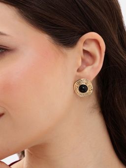 Carlton London - Gold Plated Halo Black Stone Earrings