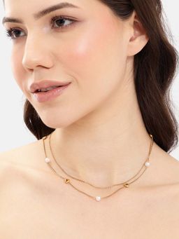Carlton London - Gold Plated Heart and Pearl Charm Layered Necklace