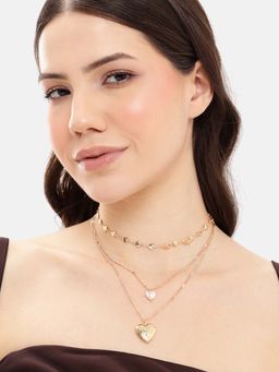 Carlton London - Rose Gold Plated White Pearl Dangling Openable Heart Layered Necklace