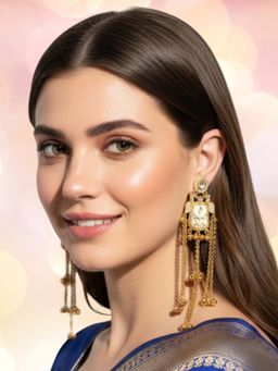 OOMPH - Long Kashmiri White Mehndi Gold Tone Dangler Earrings