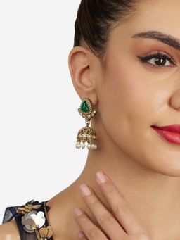 Zaveri Pearls - Green Stones Beads Antique Plating Jhumka Earrings