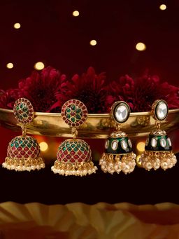Zaveri Pearls - Multi-Color Stones Beads Meenakari Jhumka Earrings (Pack of 2)