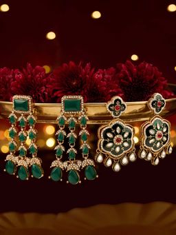 Zaveri Pearls - Green Stones Diamonds Meenakari Dangler Earrings (Pack of 2)