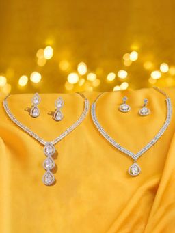 Zaveri Pearls - Silver Tone White Diamonds Necklace and Earrings (Pack of 2)