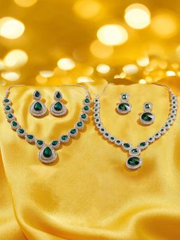 Zaveri Pearls - Green Stones Diamonds Necklace and Earrings (Pack of 2)