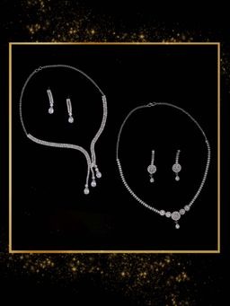 Zaveri Pearls - Silver Tone White Diamonds Necklace and Earrings (Pack of 2)