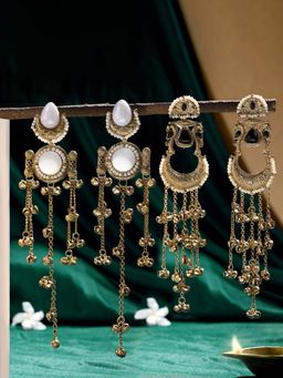 Zaveri Pearls - Multi-Color Stone Ghungroo Antique Chandbali Earrings (Pack of 2)