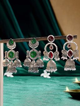 Zaveri Pearls - Multi-Color Stone Embellish Oxidised Jhumka Earrings (Pack of 2)