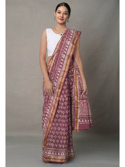 Unnati Silks - Mauve Pink Pure Preet Block Printed Mulmul Cotton Saree with Unstitched Blouse