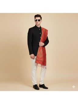 MUFFLY - Men Woven Design Stole With Fringed Edges - Orange