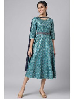 Aurelia - Green Sequined Floral Print Dress with Zari Embroidered Dupatta (Set of 2)