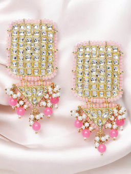 OOMPH - Jewellery Pink Beads & Kundan Jadau Large Drop Earrings