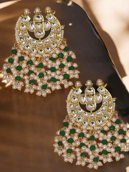 OOMPH - Green & Gold Jadau Kundan Ethnic Drop Earrings