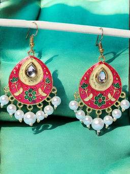 OOMPH - Pink Meenakari Enamel & Kundan Floral Design Ethnic Drop Earrings