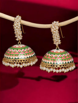 OOMPH - Pink & Green Meenakari Enamel Pearls Large Ethnic Jhumka Earrings
