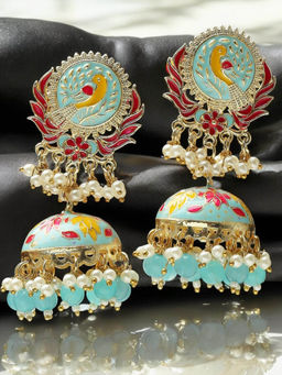 OOMPH - Firozi Blue Turquoise Blue & Yellow Jhumka Earrings Peacock Meenakari Design