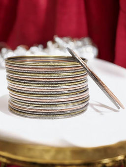 OOMPH - Combo Of 24 Gold, Silver and Black Oxidised Rimjhim Shimmer Bangle Set - Size 2.6