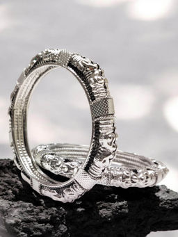 OOMPH - Combo Of 2 Oxidised Silver Kada Bangle Set - Elephant Design - Size 2.6