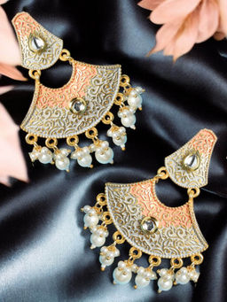 OOMPH - Peach and Grey Meenakari Ethnic Drop Earrings - Kundan and Pearls Studded