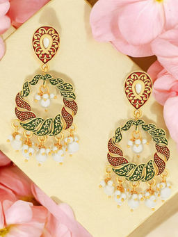 OOMPH - Red and Green Meenakari Chandbali Drop Earrings - Kundan and Pearls Studded -