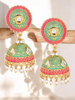 OOMPH - Pink and Green Meenakari Jhumka Earrings - Kundan and Pearls Studded