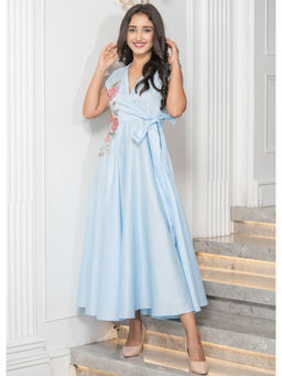 Label Swish - Powder Blue V Neck Midi Dress With Floral Patch Embroidery.