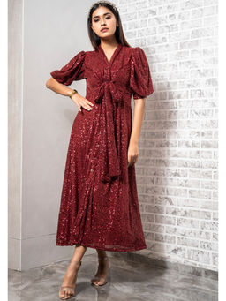 Label Swish - Maroon Sequin Balloon Sleeve Midi Dress With Front Belt