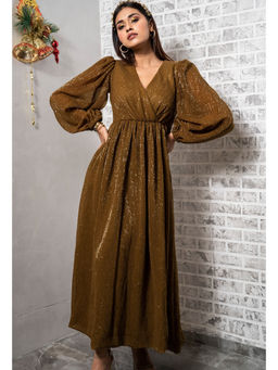 Label Swish - Olive Green Sequin Balloon Sleeve Midi Dress With Front Belt