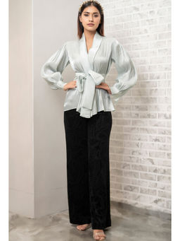 Label Swish - Blue Satin Balloon Sleeve Overlap Tie Up Top