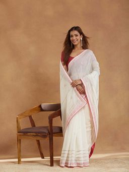 Fabindia - White Cotton Silk Hand Embroidered Saree with Unstitched Blouse