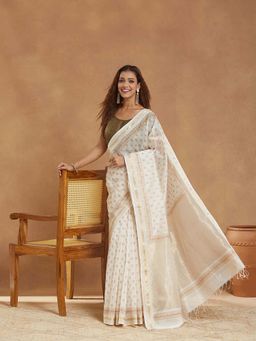 Fabindia - White Cotton Silk Blend Hand Block Printed Saree with Unstitched Blouse