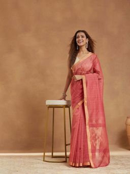 Fabindia - Pink Cotton Silk Blend Hand Block Saree with Unstitched Blouse