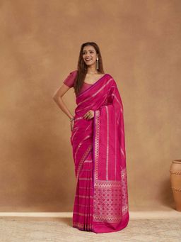 Fabindia - Pink Viscose Blend Banarsi Saree with Unstitched Blouse