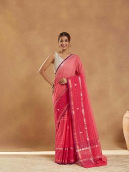 Fabindia - Pink Cotton Blend Jamdani Saree with Unstitched Blouse