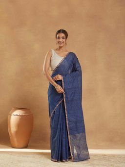 Fabindia - Blue Silk Blend Hand Woven Saree with Unstitched Blouse