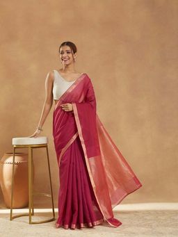 Fabindia - Pink Cotton Silk Blend Saree with Unstitched Blouse - Magenta