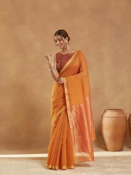 Fabindia - Orange Cotton Silk Blend Hand Woven Saree with Unstitched Blouse