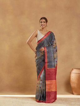 Fabindia - Grey Silk Hand Block Printed Saree with Unstitched Blouse