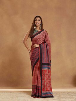 Fabindia - Red Viscose Blend Ajrakh Printed Saree with Unstitched Blouse
