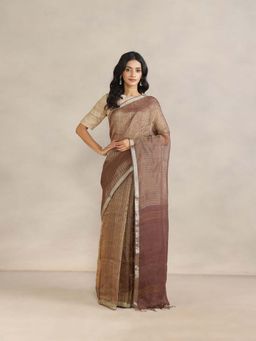 Fabindia - Brown Linen Blend Hand Woven Saree without Blouse