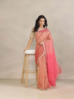 Fabindia - Pink Linen Blend Hand Woven Saree without Blouse