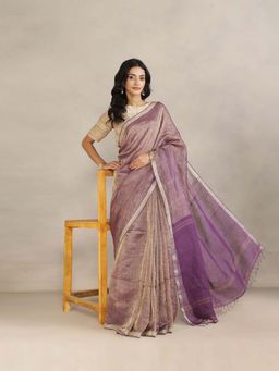 Fabindia - Purple Linen Blend Hand Woven Saree without Blouse