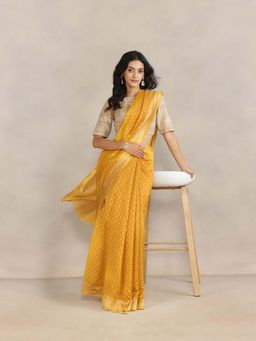 Fabindia - Mustard Cotton Silk Blend Banarsi Saree without Blouse