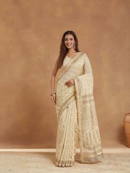 Fabindia - Beige Cotton Silk Blend Hand Block Saree with Unstitched Blouse