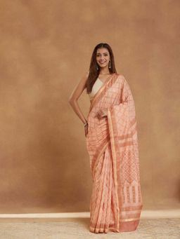 Fabindia - Peach Cotton Silk Blend Hand Block Saree with Unstitched Blouse