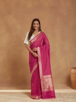 Fabindia - Pink Viscose Blend Banarsi Saree with Unstitched Blouse