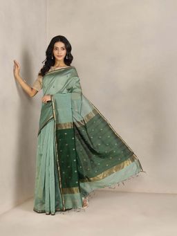 Fabindia - Green Cotton Silk Blend Maheshwari Saree without Blouse